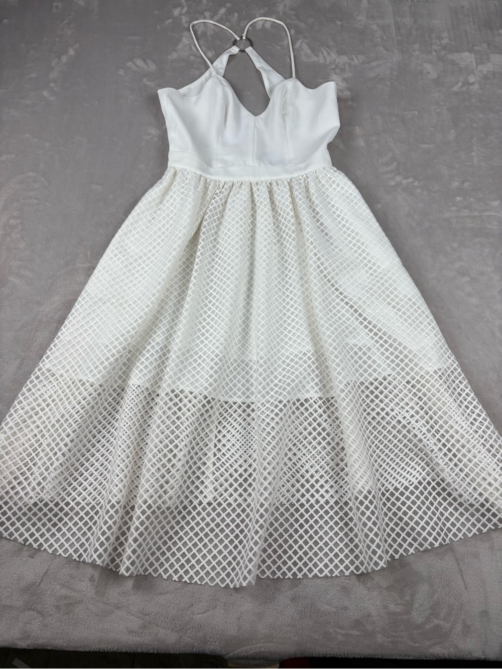 NBD XS White Mesh Overlay Midi Dress Ring Halter Fit Flare Party Cocktail Bridal - Picture 5 of 10